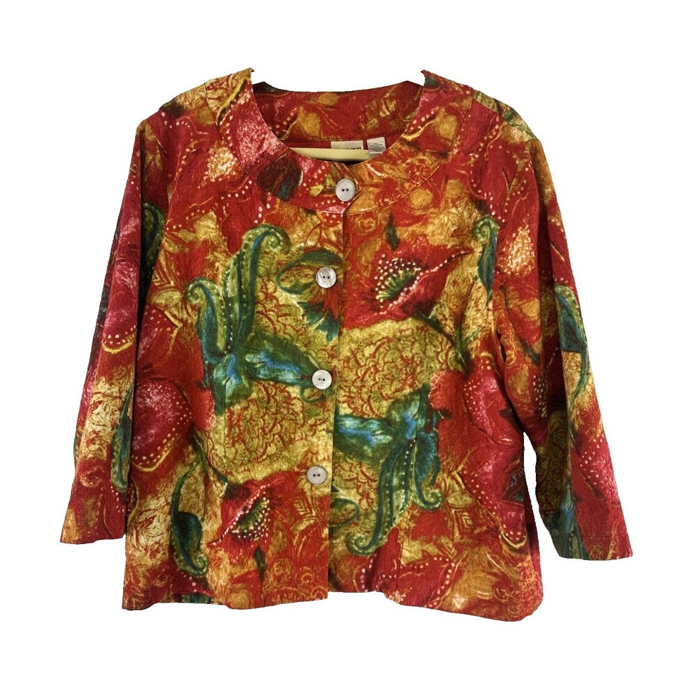 Chicos Utopian Flower Amalia Jacket Blazer Button Yellow Red Orange Cotton XL